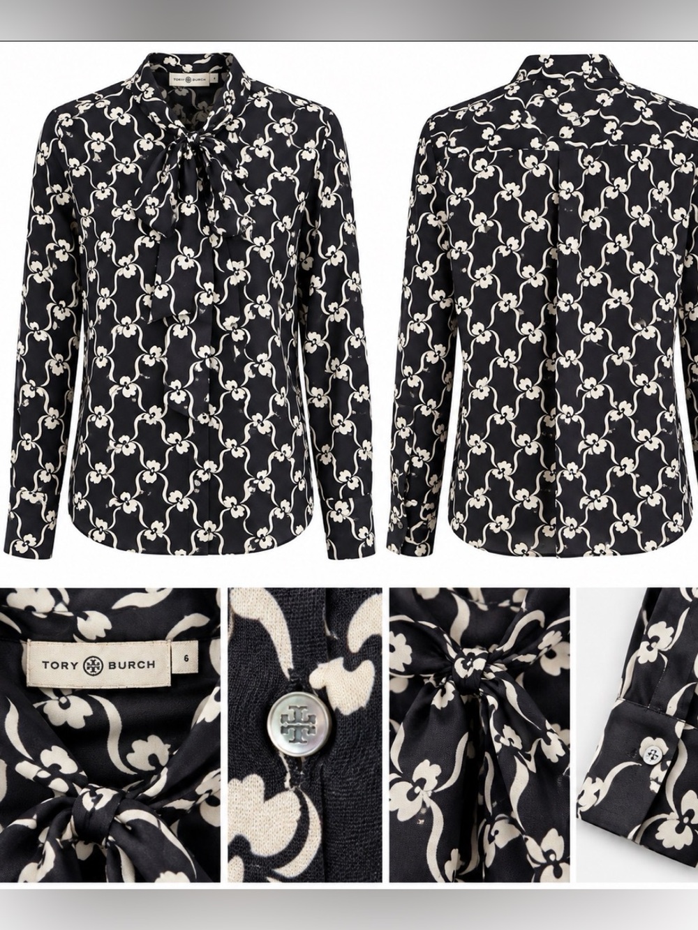 Tory Burch 100% Silk Floral Tie Neck Button Down Blouse Black Ivory Size 6